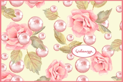 Roses and pearls. Watercolor seamless pattern