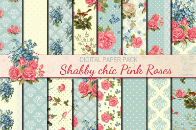 Shabby chic pink roses seamless digital paper pack