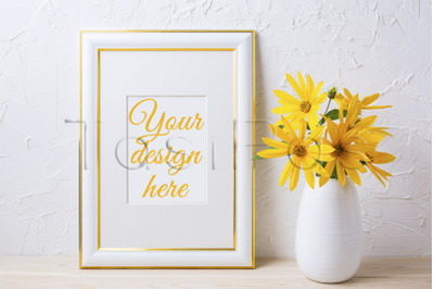 Gold decorated frame mockup with yellow rosinweed flowers.