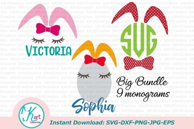 bunny ears monogram svg&2C; file&2C; bunny face svg&2C; circle monogram svg