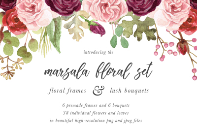 Watercolor Marsala Roses & Foliage