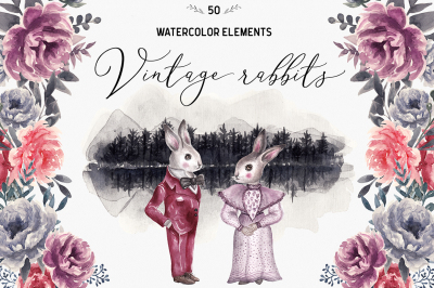 Spring Vintage Wedding Watercolor Rabbits