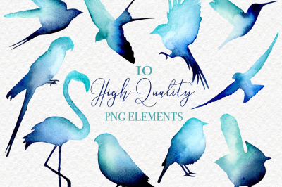 Blue Bird Silhouettes - Watercolour Hand Painted Clipart PNG