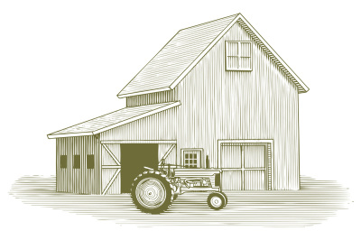 Woodcut Tractor and Barn