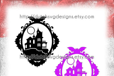 Halloween frame cutting file with decorated border and witch house, in Jpg Png SVG EPS DXF for Cricut & Silhouette, bats, witch house