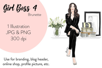 Watercolor Fashion Clipart - Girl Boss 4 - Brunette
