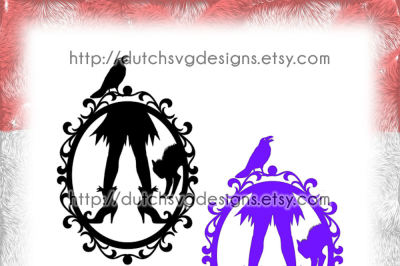 Halloween frame cutting file with decorated border and witch legs, in Jpg Png SVG EPS DXF for Cricut & Silhouette, cat, crow