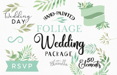 Wedding Foliage Leaves Package - 50 Elements Green Leaf Hand Painted