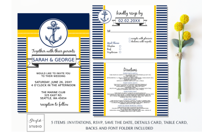 Anchor Navy and Yellow Nautical Wedding Invitation Template