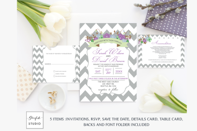 Purple and Mint Chevron Floral Wedding Invitation Template