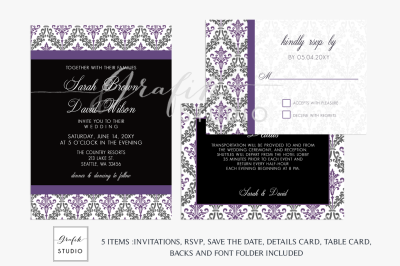 Purple and Black Damask Wedding Invitation Template