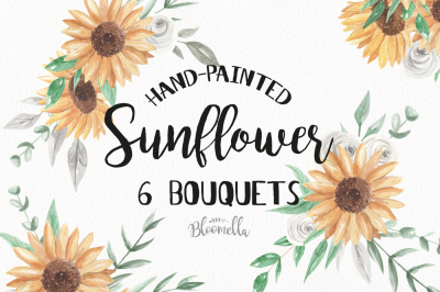 Sunflower Watercolor Clipart Painted Floral White Rose Bouquets 