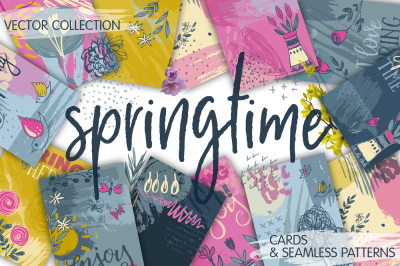 Spring cards and seamless patterns