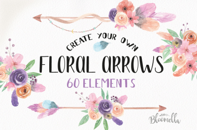 Create your Own ARROWS Watercolor 60 Elements Boho Feathers Flowers