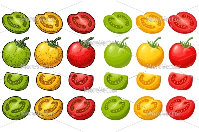 Set tomatoes. Branch, whole, half and slice. 