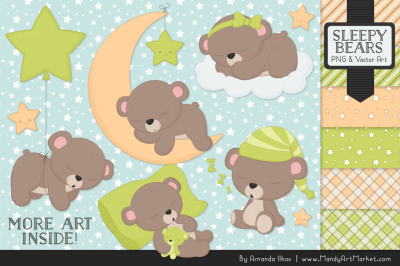 Beary Cute Sleepy Bears Clipart & Papers Set in Bamboo