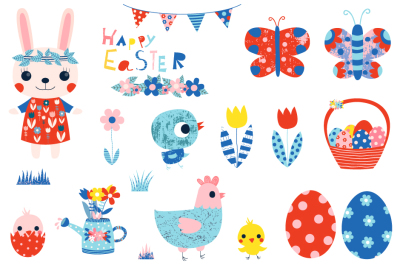 Cute Happy Easter clipart set, Spring clipart, Easter bunny clip art 