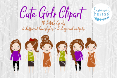 Brunette Girls, Clipart, PNG, Planner Stickers, Cute Girl Clipart