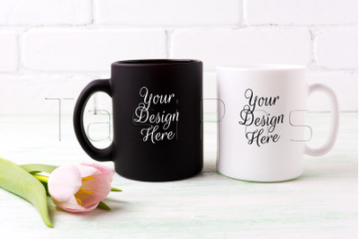 White and black mug mockup with&amp;nbsp; pink tulip.&amp;nbsp; &amp;nbsp;