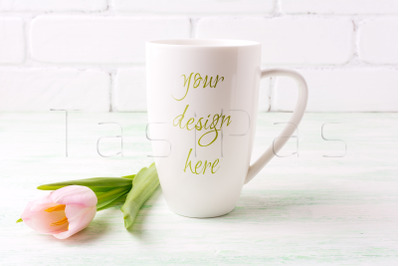 White coffee cappuccino mug mockup with&amp;nbsp; pink tulip.