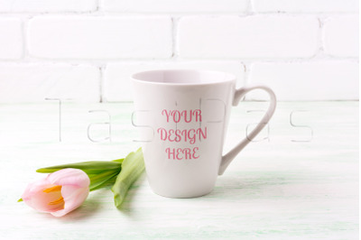 White coffee latte mug mockup with  pink tulip