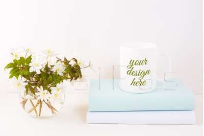 White mug mockup with Rue Anemone flowers.