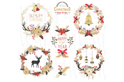 Gold Floral Christmas Wreath Element 