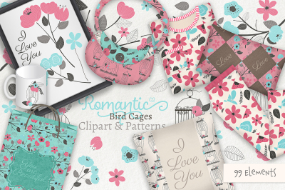 Romantic Bird Cages 02 Clipart, Vectors & Patterns