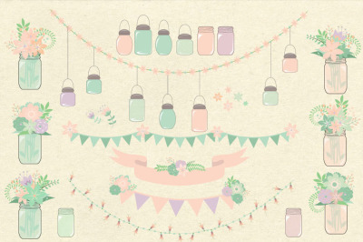 Pink & Mint mason jars clipart