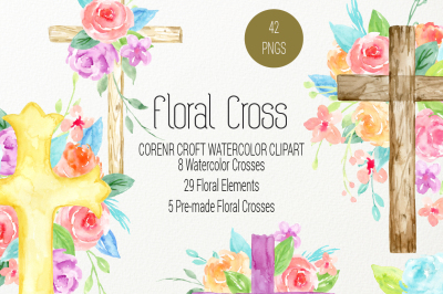 Watercolor clip Art Floral Cross