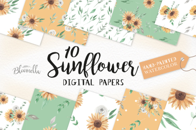 Sunflower Digital Papers Seamless Patterns Watercolor Hand Painted