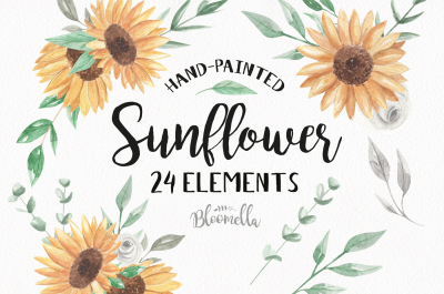 Watercolor Sunflower Clipart 24 Individual Elements Green Leaves