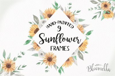 Sunflower Frames Watercolor Floral Borers Hand Painted Wedding