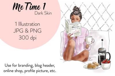 Watercolor Fashion Clipart - Me Time 1 - Dark skin