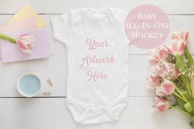 Babygrow, romper suit, onsie mockup with pink tulips and easter