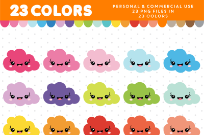 Cloud kawaii clipart in 23 colors, CL-938