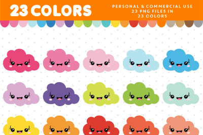 Cloud kawaii clipart in 23 colors&2C; CL-938