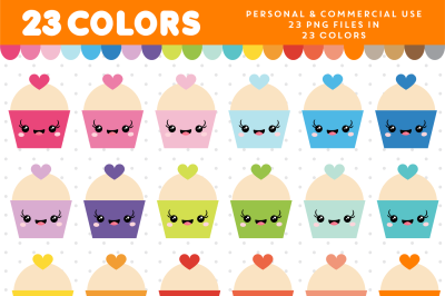 Cupcake kawaii clipart in 23 colors, CL-945