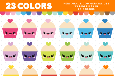 Cupcake kawaii clipart in 23 colors&2C; CL-945