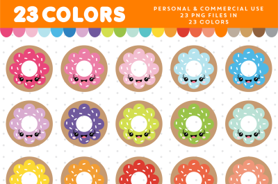 Donut kawaii clipart in 23 colors, CL-948