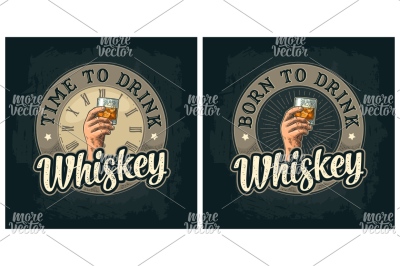 Male hand holding a glass whiskey.  Vintage color vector engraving 