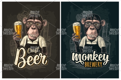 Monkey dressed apron hold beer glass. Vintage color engraving