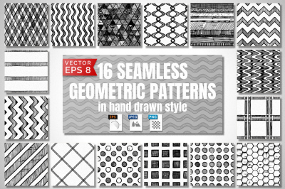 16 Seamless hand drawn geometric patterns