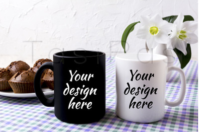 White and black mug mockup with chocolate muffins