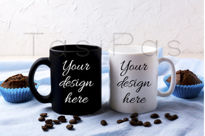 White and black mug mockup with coffee beans and muffins