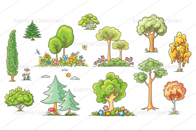 Set of hand-drawn trees and other plants