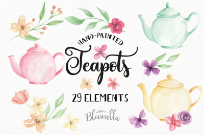 Teapot Elements Watercolor Floral Flowers Pastel Pretty Afternoon Tea 