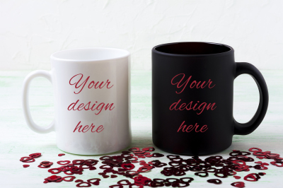 White and black mug mockup with red glitter hearts PSD Mockup Template