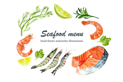 Watercolor image of seafood set