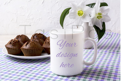 White mug mockup with chocolate muffins on plate